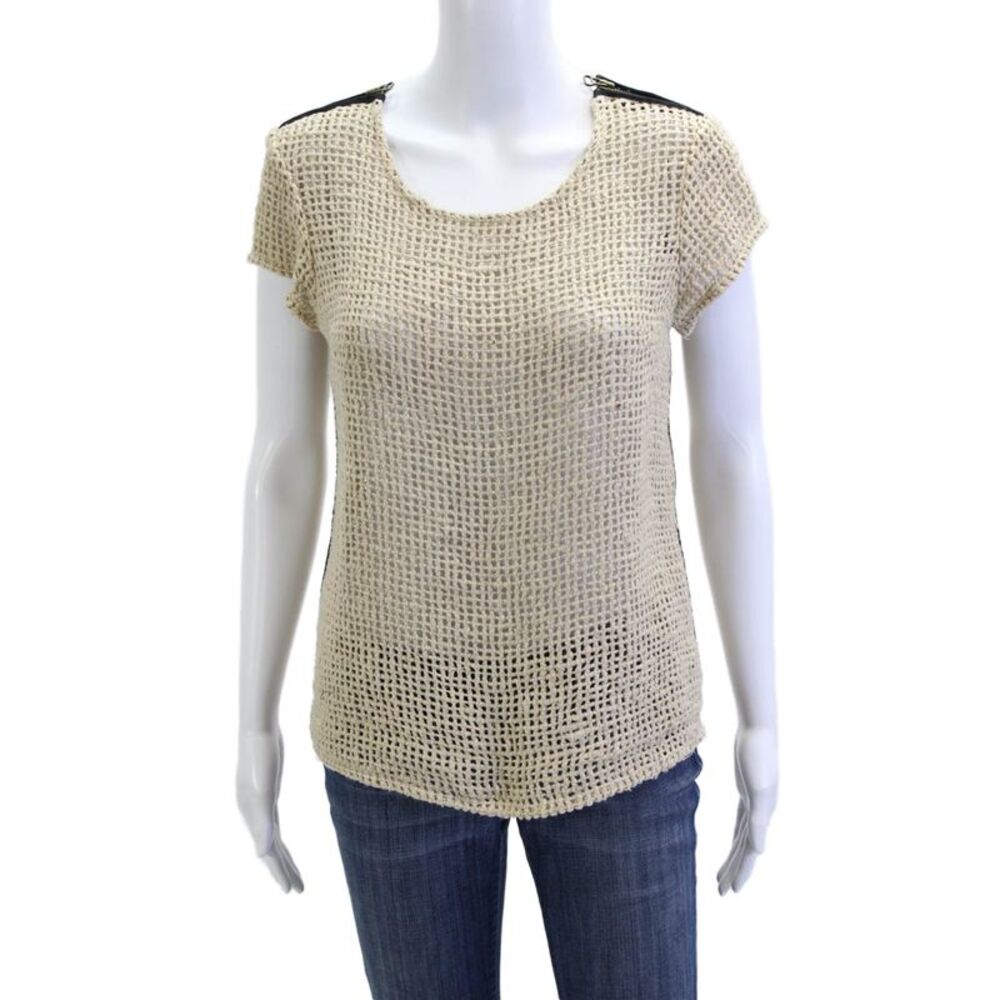 Kelly Wearstler Womens Beige Silk Cap Sleeve Round Neck Top Hook Loop Size S